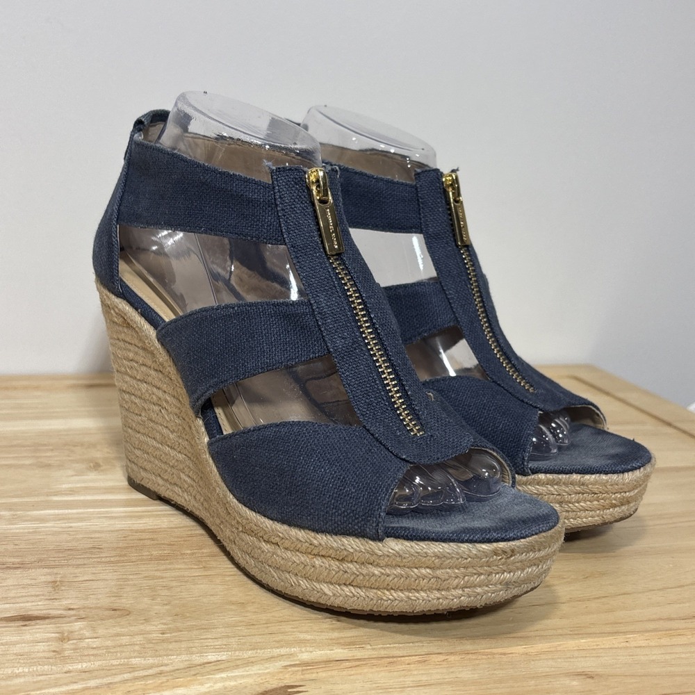 Michael‎ Kors Damita Wedge Platform Sandal Blue Denim Gold Zip Espadrille Size 9